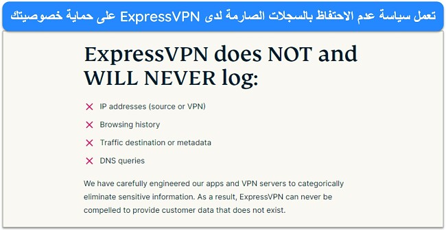 صورة لموقع ExpressVPN تشير إلى أن ExpressVPN لن يقوم بتسجيل بيانات التعريف الشخصية.