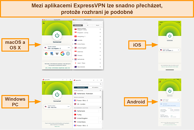 Screenshot z rozhraní aplikací ExpressVPN pro Windows, Android, Mac a iPhone