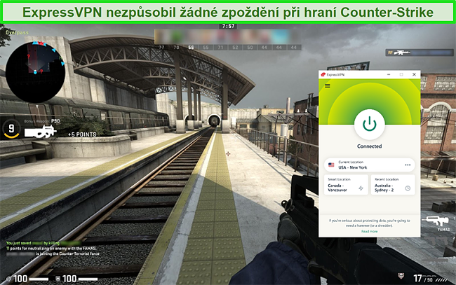 Screenshot ExpressPVN připojeného k americkému serveru, zatímco uživatel hraje Counterstrike
