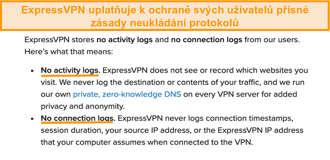 Screenshot z Zásady ochrany osobních údajů ExpressVPN na svých webových stránkách
