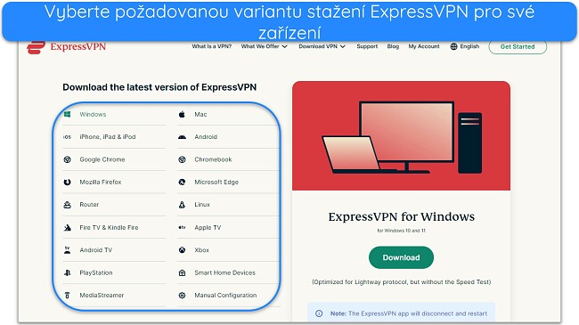 Snímek obrazovky zobrazující stránku stahování ExpressVPN a dostupná zařízení