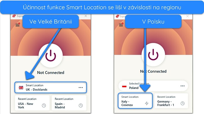 Snímek obrazovky zobrazující funkci inteligentního umístění ExpressVPNs