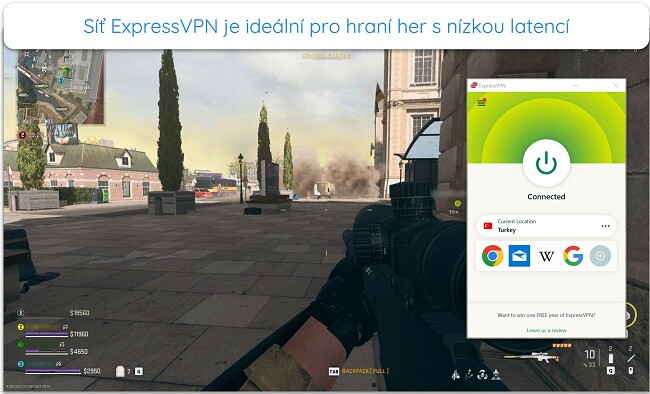 Obrázek probíhající online hry COD: Warzone s ExpressVPN připojeným k serveru v Turecku.