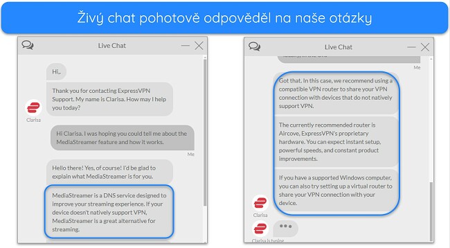 Obrázky živého chatu ExpressVPN s agentem, který odpovídá na otázky týkající se funkce MediaStreamer.