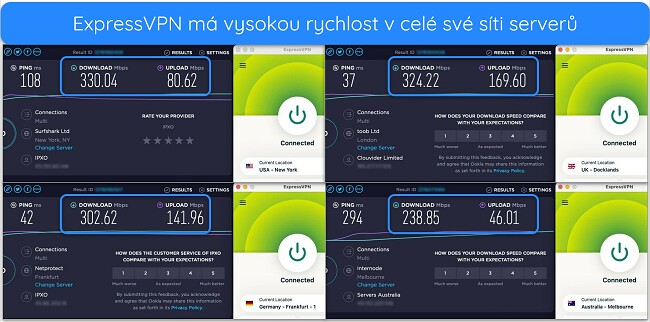 Obrázky výsledků testu rychlosti Ookla s ExpressVPN připojeným k serverům v USA, Velké Británii, Německu a Austrálii