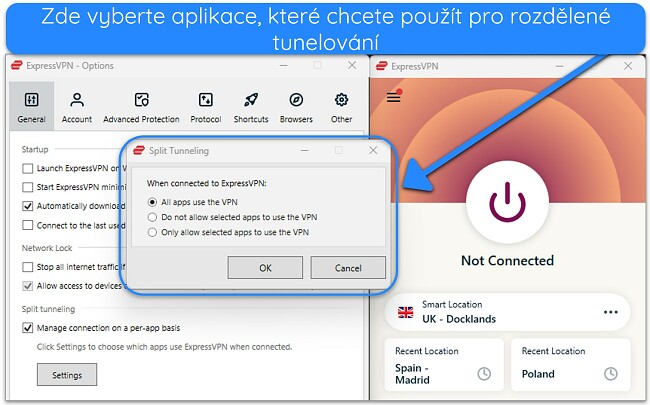 Obrázek aplikace ExpressVPN pro Windows zobrazující funkci rozděleného tunelování.