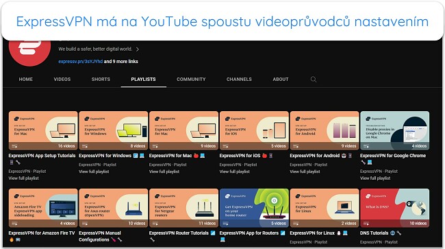Snímek obrazovky stránky ExpressVPNs YouTube zobrazující všechny průvodce nastavením a video tutoriály