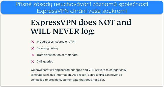 Obrázek webu ExpressVPN, který uvádí, že ExpressVPN nebude zaznamenávat údaje umožňující zjištění totožnosti.