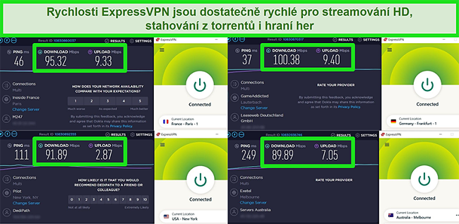 Screenshoty s výsledky testu rychlosti ExpressVPN při globálním připojení k různým serverům