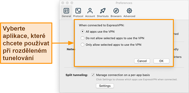 Screenshot uživatele, který nastavuje funkci rozdělení tunelu v aplikaci ExpressVPN