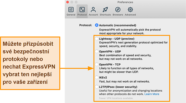 Screenshot aplikace ExpressVPN zobrazující všechny dostupné protokoly včetně Lightway, OpenVPN, IKEv2 a L2TP / IPsec