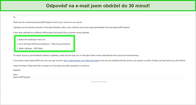 Snímek obrazovky e-mailové konverzace s týmem zákaznické podpory ExpressVPN o protokolu LightWay