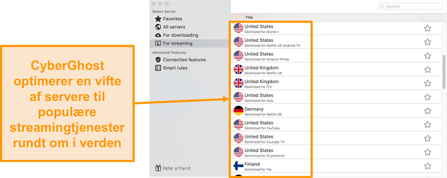 Skærmbillede af CyberGhost-appen til Mac, der viser de optimerede servere til streaming