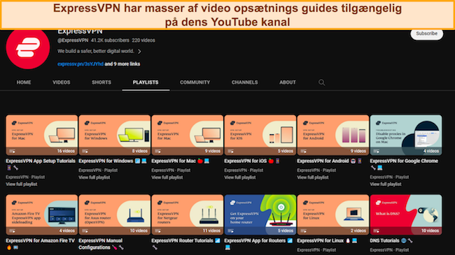 Skærmbillede af ExpressVPNs YouTube-side, der viser alle opsætningsvejledninger og videotutorials