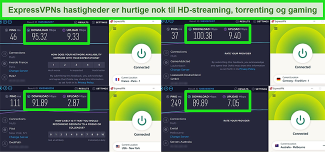 Screenshots af ExpressVPNs hastighedstestresultater, når de er forbundet til forskellige servere globalt