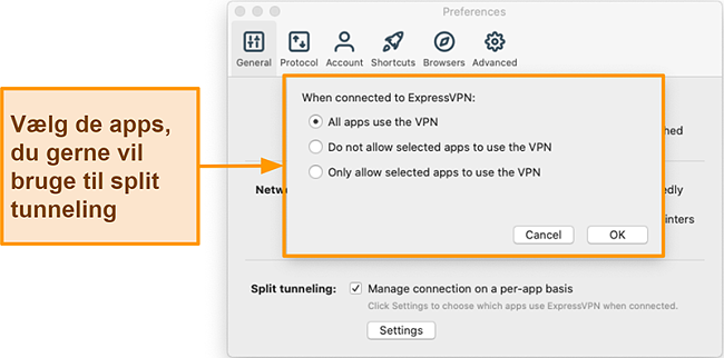 Skærmbillede af en bruger, der konfigurerer split tunneling-funktionen i ExpressVPN-appen