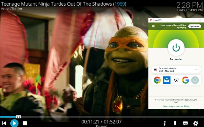 Skærmbillede af Kodi forbundet til en amerikansk server, der fjerner blokeringen af Teenage Mutant Ninja Turtle