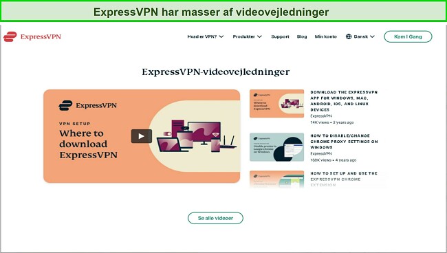 Skærmbillede af ExpressVPNs online video tutorials på hjemmesiden