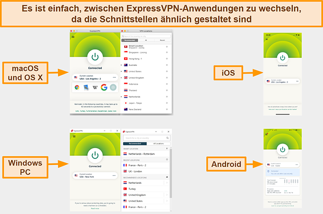 Screenshot der ExpressVPN-App-Oberflächen für Windows, Android, Mac und iPhone