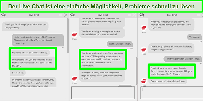 Screenshot eines Benutzers, der sich über einen 24/7-Live-Chat mit ExpressVPN in Verbindung setzt und fragt, wie er Netflix mit Chromecast ansehen soll