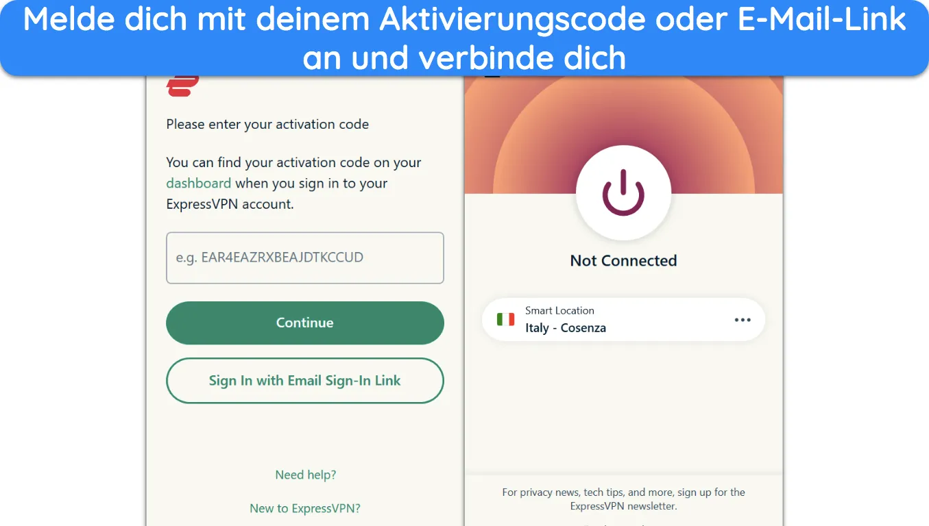 Bild der Windows-App von ExpressVPN mit dem Anmeldebildschirm und der Hauptoberfläche der App.