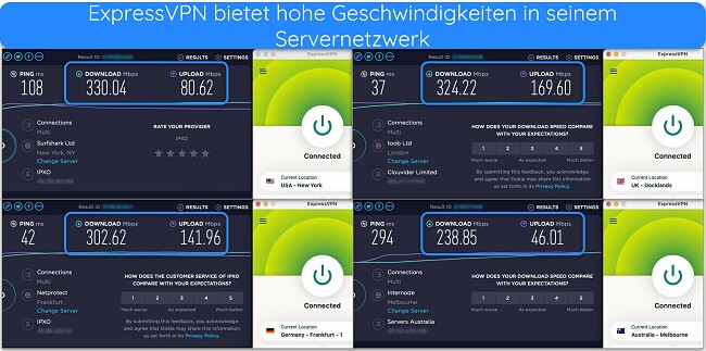 Bilder der Ergebnisse des Ookla-Geschwindigkeitstests, wobei ExpressVPN mit Servern in den USA, Großbritannien, Deutschland und Australien verbunden ist