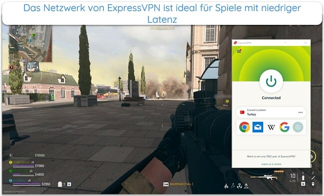 Bild eines laufenden Online-Spiels COD: Warzone mit ExpressVPN-Verbindung zu einem Server in der Türkei.