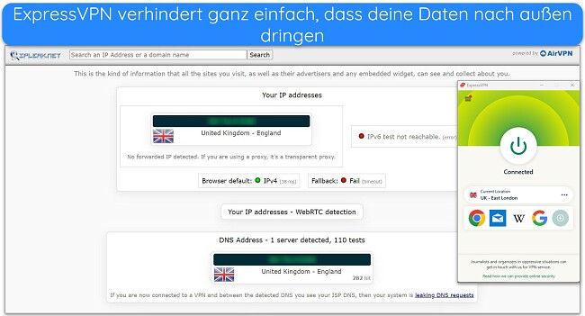 Bild der Windows-App von ExpressVPN, die mit einem britischen Server verbunden ist. Die Ergebnisse eines Lecktests zeigen, dass keine Datenlecks vorliegen.