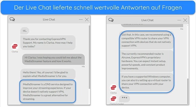 Bilder des Live-Chats von ExpressVPN, in dem ein Agent Fragen zur MediaStreamer-Funktion beantwortet.