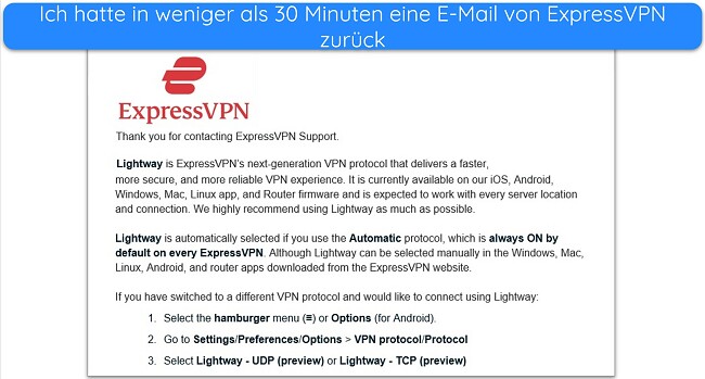 Screenshot der ExpressVPN-Support-E-Mail-Antwort