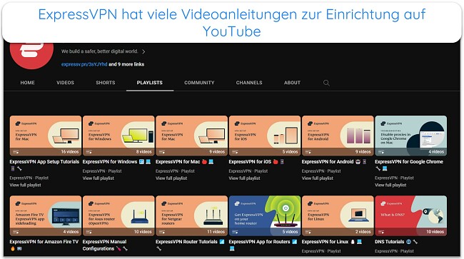 Screenshot der YouTube-Seite von ExpressVPN mit allen Einrichtungsanleitungen und Video-Tutorials