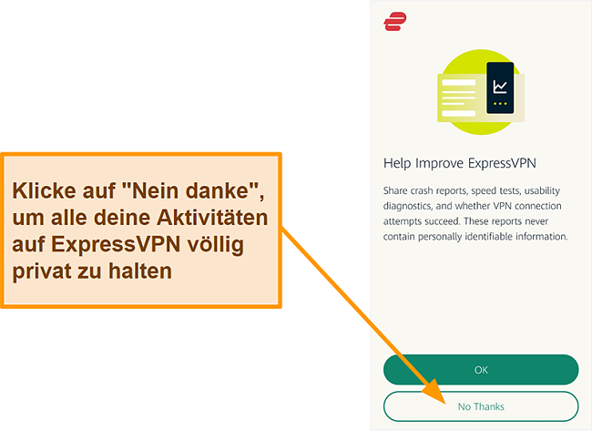 Screenshot der ExpressVPN-App, in der Sie um die Erlaubnis des Benutzers gebeten werden, Absturzberichte, Geschwindigkeitstests und andere Benutzerdaten für das Unternehmen freizugeben