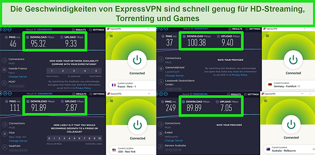 Screenshots der Geschwindigkeitstestergebnisse von ExpressVPN bei globaler Verbindung mit verschiedenen Servern