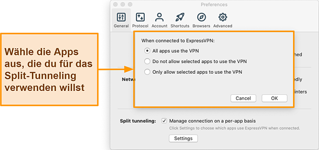 Screenshot eines Benutzers, der die Split-Tunneling-Funktion in der ExpressVPN-App eingerichtet hat