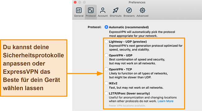 Screenshot der ExpressVPN-App mit allen verfügbaren Protokollen, einschließlich Lightway, OpenVPN, IKEv2 und L2TP / IPsec