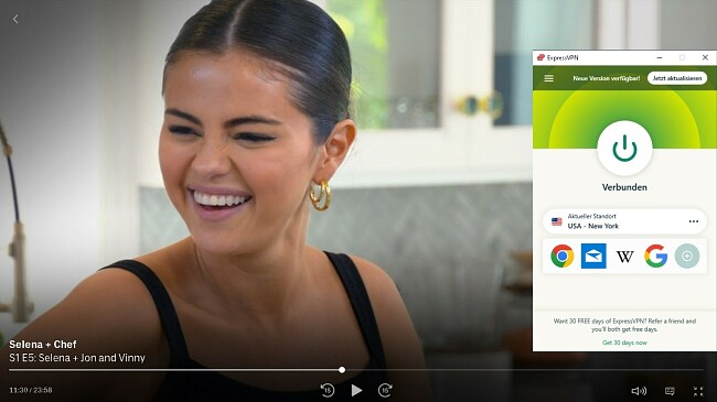 Screenshot von ExpressVPN, das mit einem US-Server verbunden ist und die Sendung Selena + Chef entsperrt