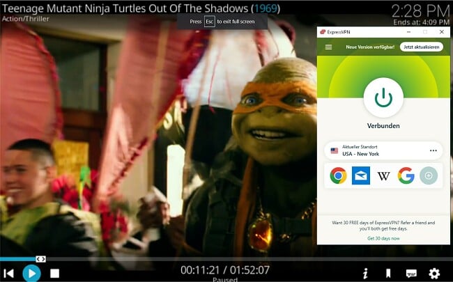 Screenshot von Kodi, das mit einem US-Server verbunden ist und Teenage Mutant Ninja Turtle entsperrt