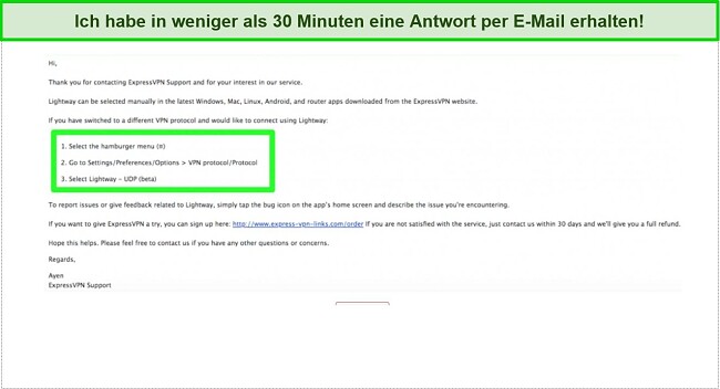 Screenshot einer E-Mail-Konversation mit dem Kundensupport-Team von ExpressVPN über das LightWay-Protokoll