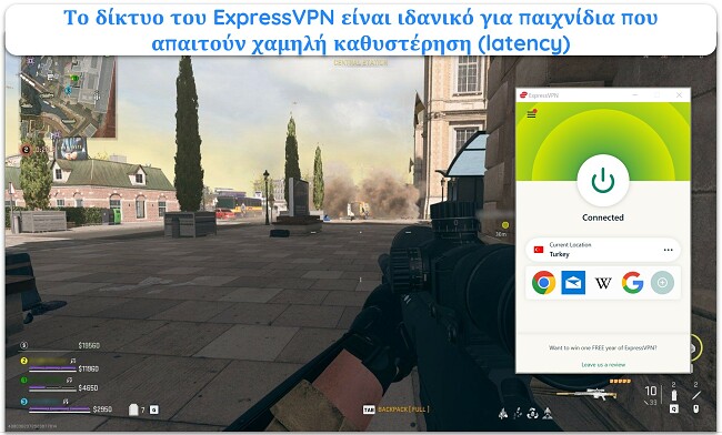 Εικόνα ενός COD: διαδικτυακό παιχνίδι Warzone σε εξέλιξη με το ExpressVPN συνδεδεμένο σε διακομιστή στην Τουρκία.