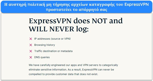 Εικόνα του ιστότοπου της ExpressVPN που δηλώνει ότι το ExpressVPN δεν θα καταγράφει προσωπικά αναγνωρίσιμα δεδομένα.