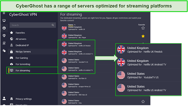 Screenshot showing CyberGhost streaming optimized servers