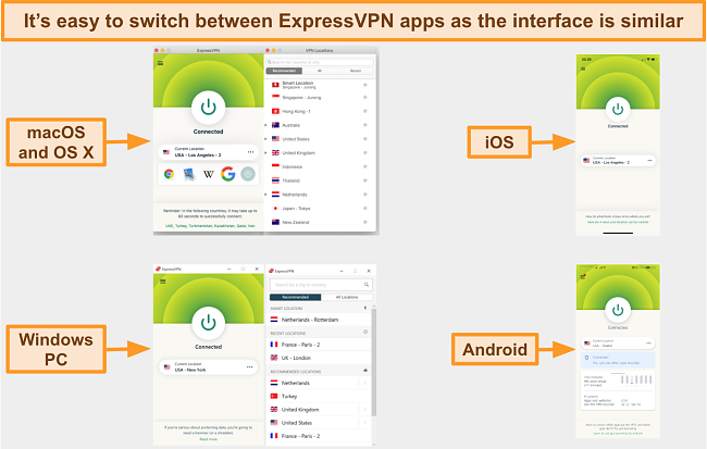 Screenshot of ExpressVPN's user interfaces of its macOS, Windows, iOS, and Android apps