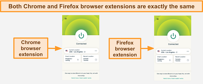 Screenshot of ExpressVPN browser extensions' interfaces on Chrome and Firefox