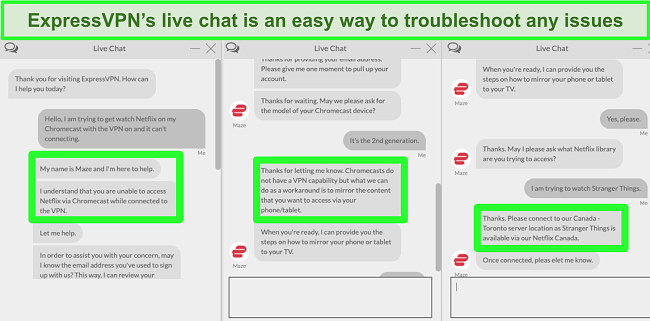 Screenshot of a user contacting ExpressVPN over 24/7 live chat and asking how to watch Netflix with Chromecast