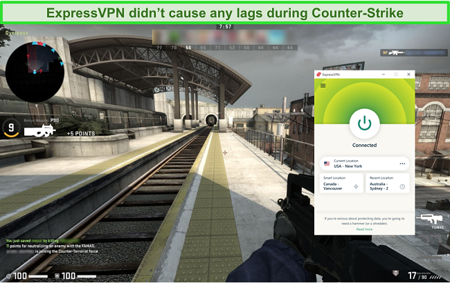 Screenshot of ExpressPVN connected to a US server while a user is playing Counterstrike