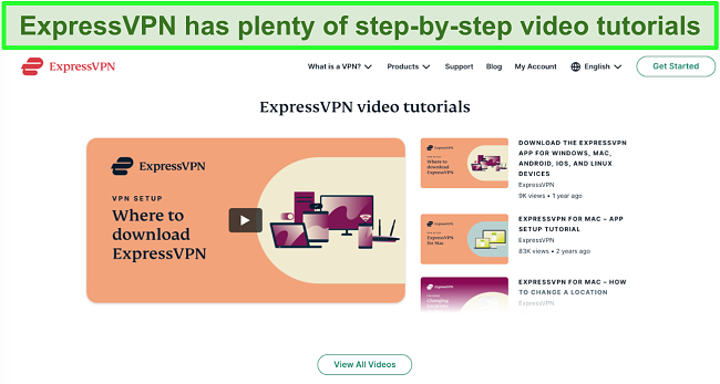 Screenshot of ExpressVPN's online video tutorials on the website