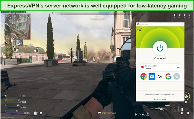 Playing Call of Duty: Warzone while connected to a Turkish ExpressVPN server.