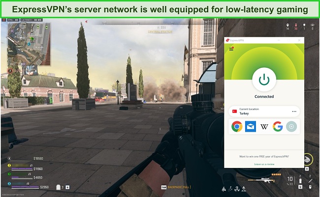 A screenshot of the tester being connected to the ExpressVPN server in Turkey while playing Call of Duty: Warzone online.