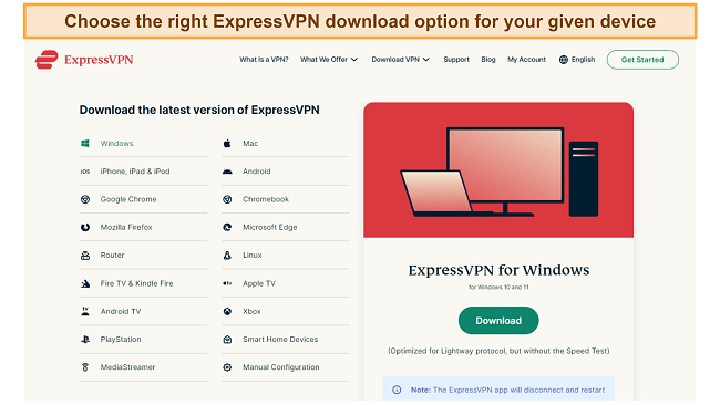 Screenshot showing ExpressVPN download page and devices available
