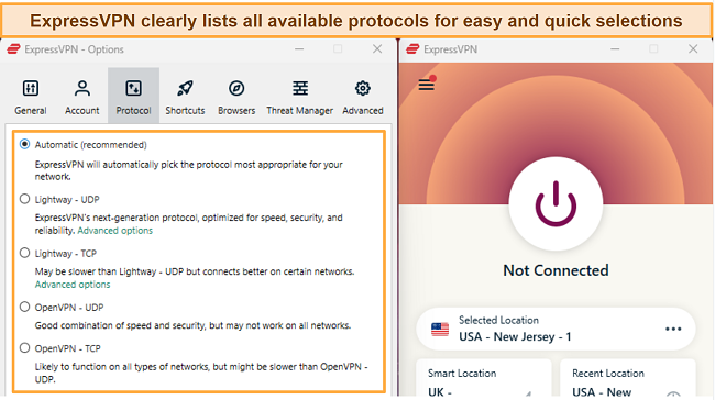 Screenshot of all ExpressVPPN protocols, including its proprietary lightway protocol.